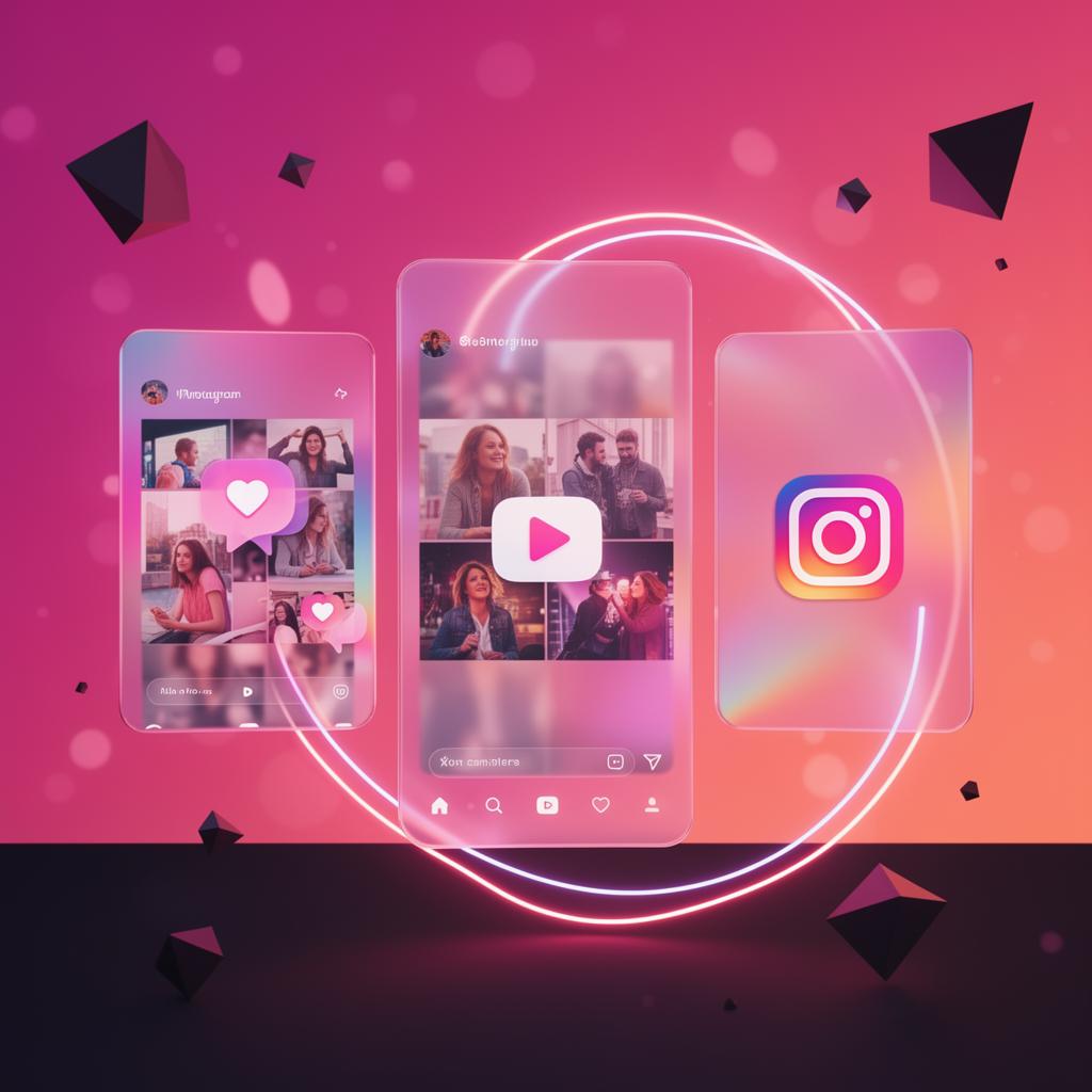 Painéis holográficos com feed do Instagram, Reels e curtidas em ambiente futurista rosa e coral