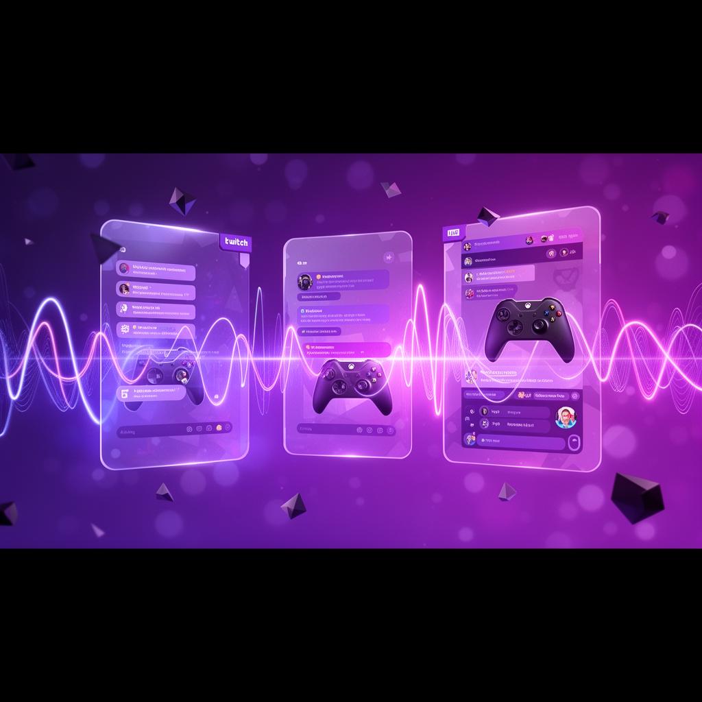 Painéis holográficos com interface da Twitch, controles e ondas neon em ambiente futurista roxo